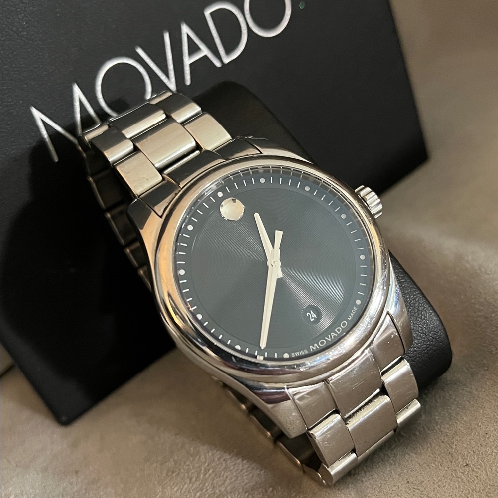 Movado Silver Watch with Black Dial
